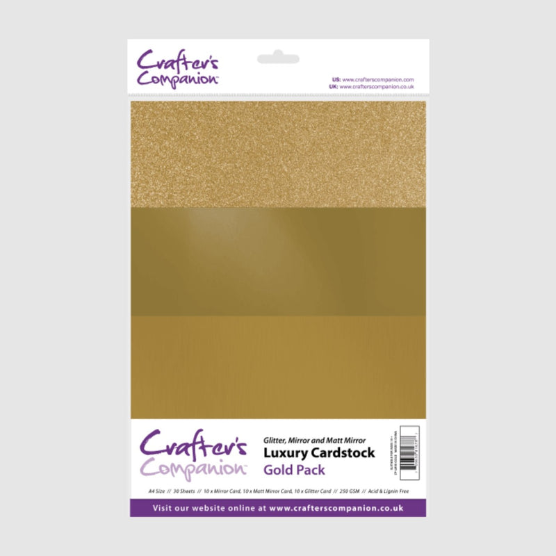 Luxury Cardstock 30 Sheet Pack - Gold - A4 250gsm in Glitter, Mirror & Matt Mirror by Crafters Companion - Craftywaftyshop