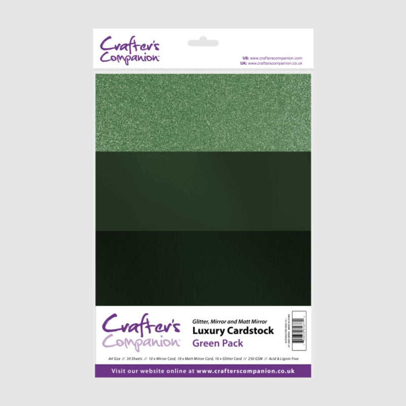 Luxury Cardstock 30 Sheet Pack - Green - A4 250gsm in Glitter, Mirror & Matt Mirror by Crafters Companion - Craftywaftyshop