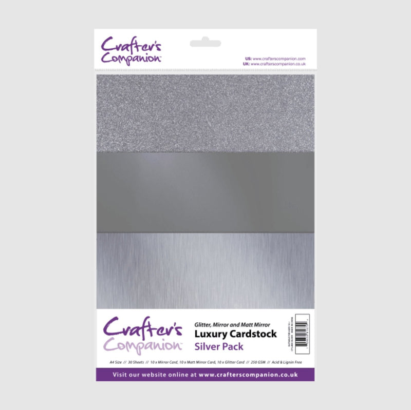 Luxury Cardstock 30 Sheet Pack - Silver - A4 250gsm in Glitter, Mirror & Matt Mirror by Crafters Companion - Craftywaftyshop