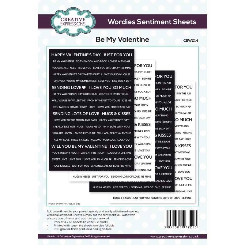 Wordies Sentiment Sheets – Be My Valentine Pk 4 6 in x 8 in by Creative Expressions - Craftywaftyshop