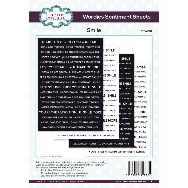 Wordies Sentiment Sheets – Smile Pk 4 6 in x 8 in by Creative Expressions - Craftywaftyshop