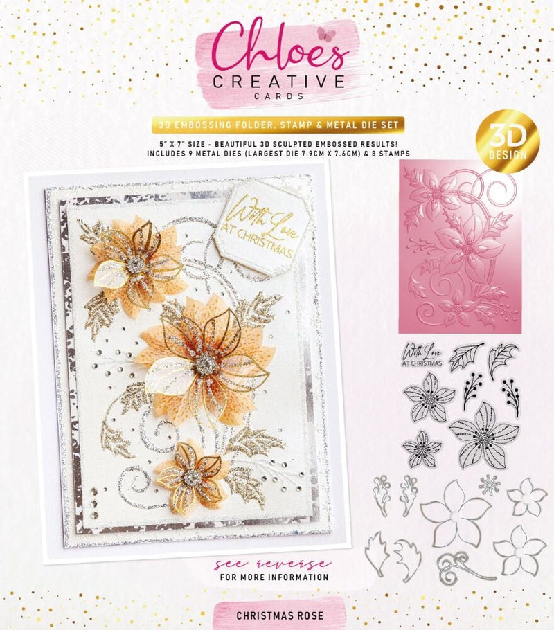 Chloes Creative Cards Christmas Rose 5x7 3D Embossing Folder, Metal Die & Stamp Set - Craftywaftyshop