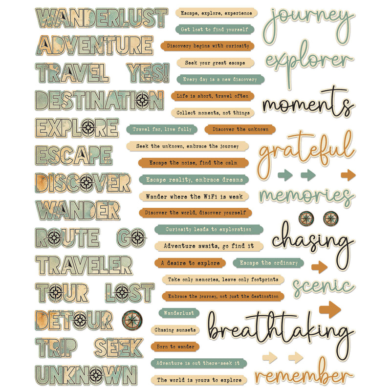 Wanderlust Explorer Chipboard Words by 49 and Market - Craftywaftyshop
