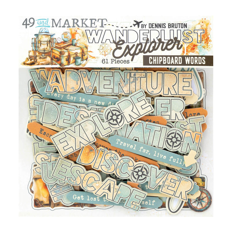 Wanderlust Explorer Chipboard Words by 49 and Market - Craftywaftyshop