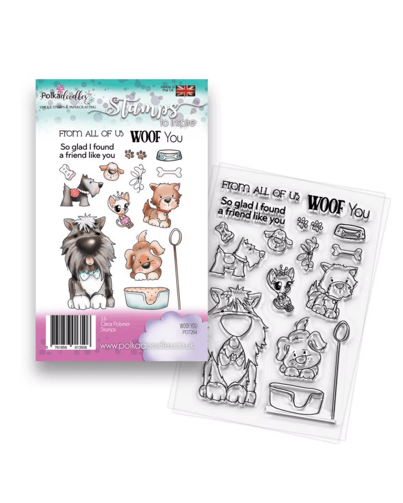 Woof You Dog puppy 4 x 6" Clear Stamp Set By Polkadoodles - Craftywaftyshop