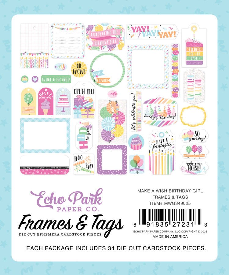 Make A Wish Birthday Girl Frames & Tags Die Cuts by Echo Park - Craftywaftyshop