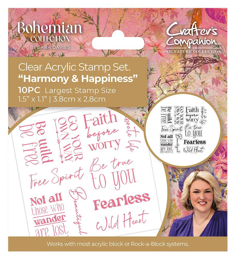 Sara Signature Bohemian Clear Acrylic Sentiment Stamps Harmony & Happiness by Crafters Companion - Craftywaftyshop