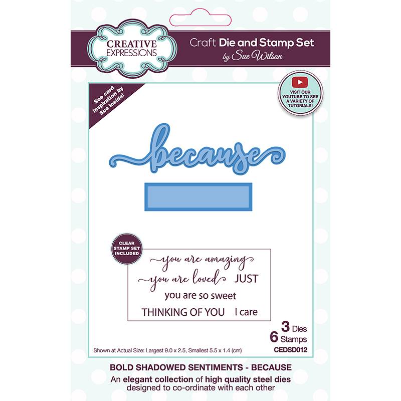 Sue Wilson Bold Shadowed Sentiments Because Craft Die and Stamp Set by Creative Expressions - Craftywaftyshop